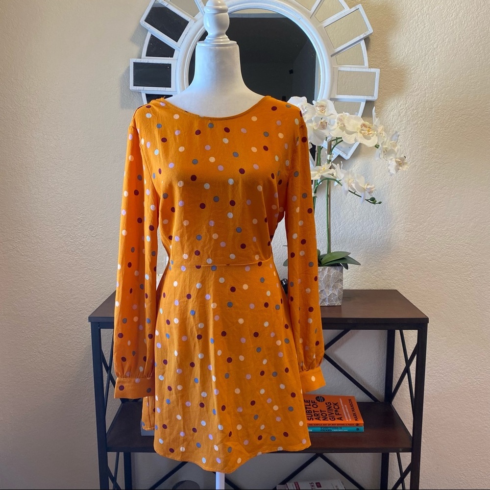 Lush Yellow Dots Printed Long Sleeve Dress L NWT